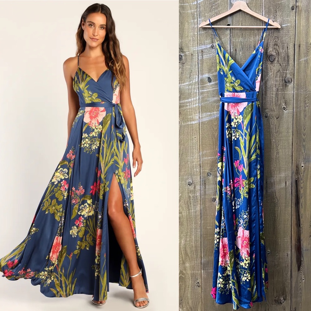Blue Floral Still the One Satin Maxi Slip Dress 🌿